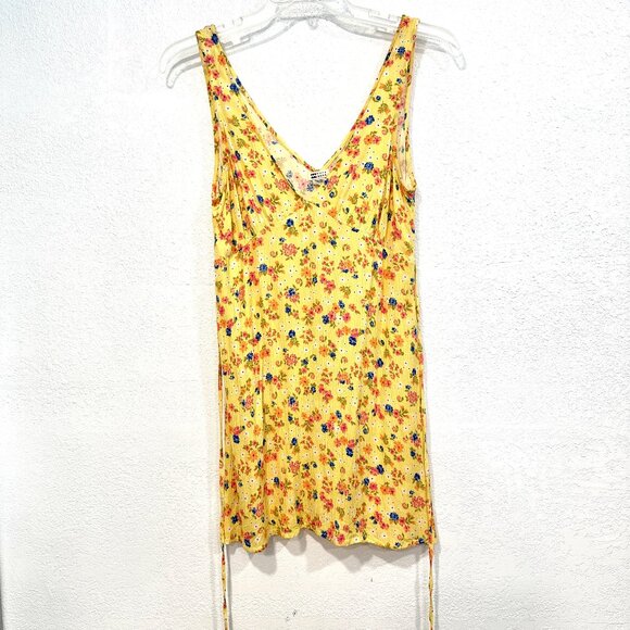 Billabong Sleeveless Mini Dress Yellow Floral V-Neck Tied Waist EUC Womens Large - Picture 1 of 9